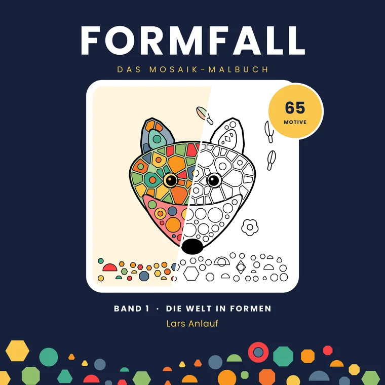 Cover des Malbuchs FORMFALL – Das Mosaik-Malbuch, Band 1: ein Fuchs aus Mosaiksteinen, halb ausgemalt